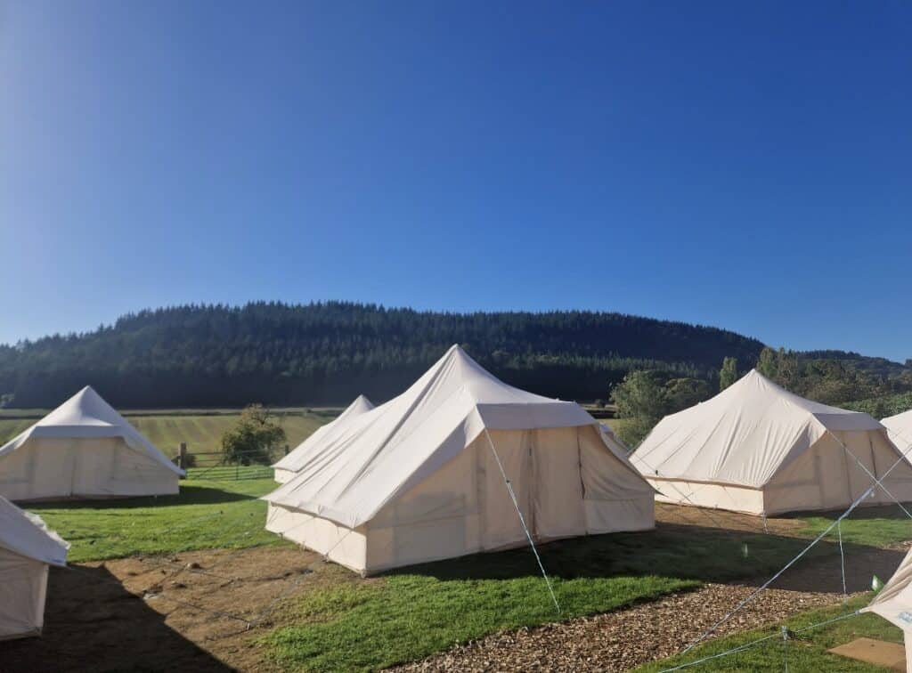 Luxury glamping tents set in scenic countryside near Silverstone GP 2027.